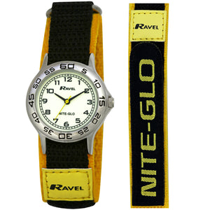 Ravel  R1708.9 Boys Nite-Glo Luminescent Black & yellow Velcro Strap Watch