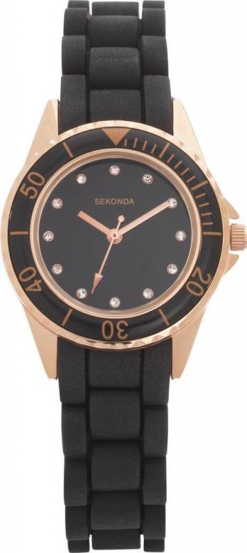 Sekonda 4743 Ladies Stone Set Black Dial Rubber Strap